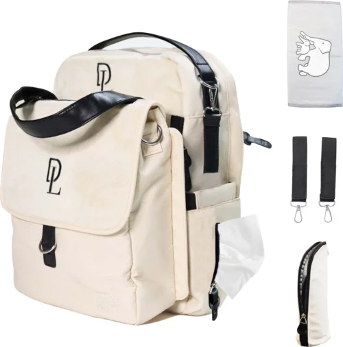 Deryan Luiertas Rugzak Met Verschoonmatje - Inclusief Flessenwarmhouder - Kinderwagenhaken En Isoleervak - Cream