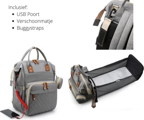 Humpy Dumpy Stijlvolle Luiertas Rugzak (Grijs) Met Uitschuifbaar Verschoon/ Slaap Bedje. Incl. Verschoon Matje, USB Poort & Buggy Straps -Baby Verzorging 1200x1001 1