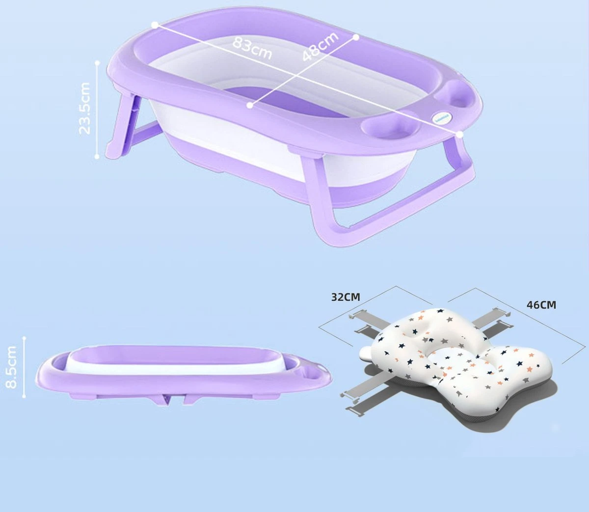 Baby badje opvouwbaar - 3 in 1 opvouwbaar - opbergmand - Inclusief badkussen - Babybadje - Peuterbadje 83 × 48 × 23,5 cm - Purper Baby Badje Opvouwbaar - 3 In 1 Opvouwbaar - Opbergmand - Inclusief Badkussen - Babybadje - Peuterbadje 83 × 48 × 23,5 Cm - Purper -Baby Verzorging 1200x1042 4