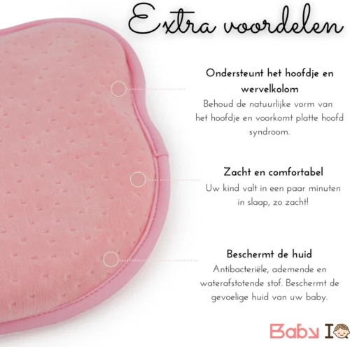 Baby IQ Orthopedisch Baby Hoofdkussen – Traagschuim – Tegen Plat Achterhoofd – Kraamcadeau –Roze – Incl Bandana Slabber -Baby Verzorging 1200x1191 9