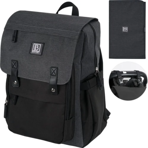 Brisby Slijtvaste Luiertas – Verzorgingstas - Two Tone Zwart En Donkergrijs - Inclusief Verschoonmatje - Isoleervakken - Met Geïntegreerde Kinderwagen Haken