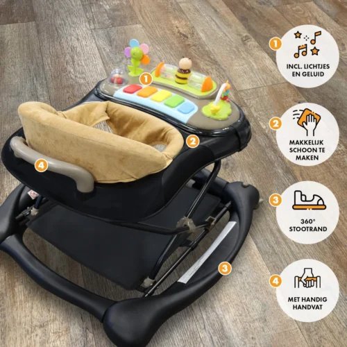 Deryan Luxe Loopstoel - Schommelfunctie - Inclusief Speelset En Dienblad - Zwart/Nougat -Baby Verzorging 1200x1200 1150