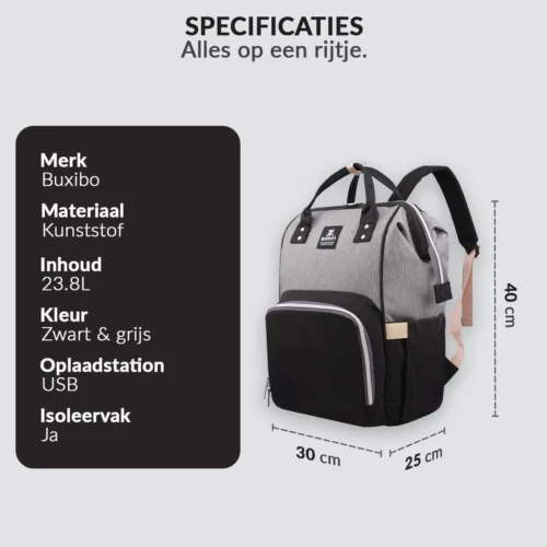 Buxibo Luier- En Verzorgingstas Inclusief USB Oplaadstation - Baby Rug Tas Met Isoleervak - Diaper Backpack Bag - Reis Rugzak - Grote Capaciteit - 23.8L - Zwart -Baby Verzorging 1200x1200 234