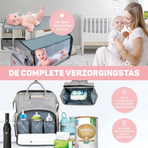 Vulpes BabyCare® Luiertas Rugzak - Luiertassen Met Babybed - Grote Luiertas Met Wieg- Luiertas Verzorgingstas Met Babybedje - Verzorgingsrugzak - Grijs -Baby Verzorging 1200x1200 256