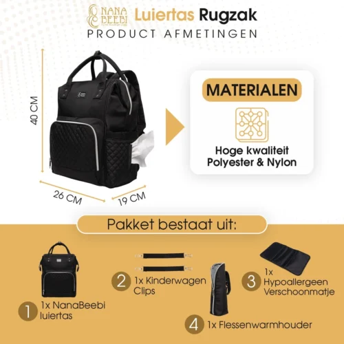 NanaBeebi Luiertas Rugzak Met Verschoonmatje - Zwart - Inclusief Flessenwarmhouder - Kinderwagenhaken En Isoleervak -Baby Verzorging 1200x1200 261