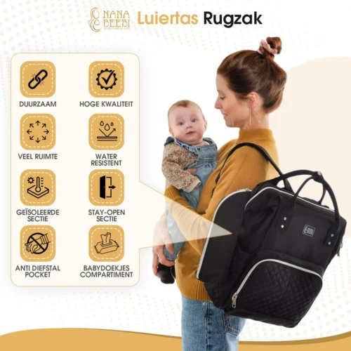 NanaBeebi Luiertas Rugzak Met Verschoonmatje - Zwart - Inclusief Flessenwarmhouder - Kinderwagenhaken En Isoleervak -Baby Verzorging 1200x1200 266