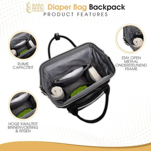NanaBeebi Luiertas Rugzak Met Verschoonmatje - Zwart - Inclusief Flessenwarmhouder - Kinderwagenhaken En Isoleervak -Baby Verzorging 1200x1200 268