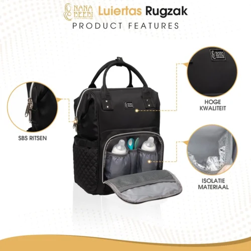 NanaBeebi Luiertas Rugzak Met Verschoonmatje - Zwart - Inclusief Flessenwarmhouder - Kinderwagenhaken En Isoleervak -Baby Verzorging 1200x1200 270
