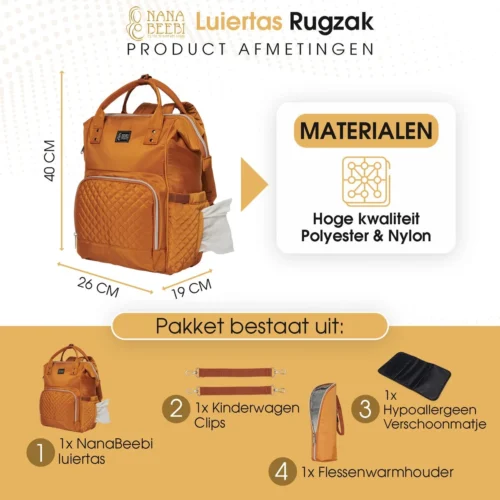 NanaBeebi Luiertas Rugzak Met Verschoonmatje - Cognac - Inclusief Flessenwarmhouder - Kinderwagenhaken En Isoleervak 4 NanaBeebi Luiertas Rugzak Met Verschoonmatje - Cognac - Inclusief Flessenwarmhouder - Kinderwagenhaken En Isoleervak -Baby Verzorging 1200x1200 283