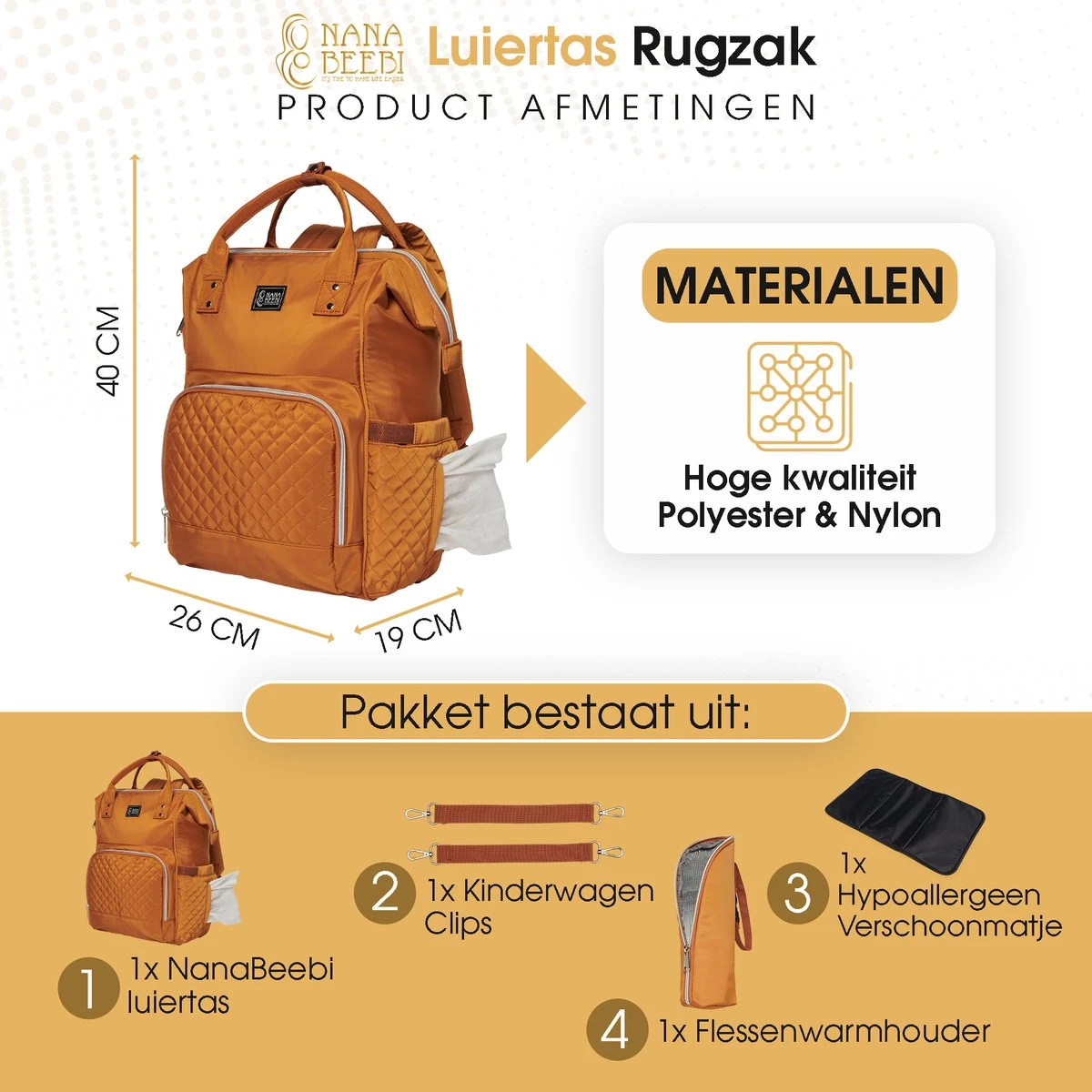 NanaBeebi Luiertas Rugzak met Verschoonmatje - Cognac - Inclusief flessenwarmhouder - kinderwagenhaken en isoleervak NanaBeebi Luiertas Rugzak Met Verschoonmatje - Cognac - Inclusief Flessenwarmhouder - Kinderwagenhaken En Isoleervak -Baby Verzorging 1200x1200 283