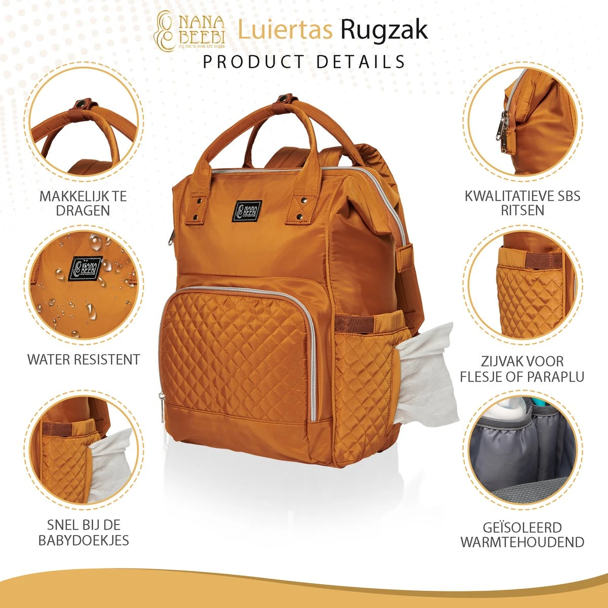 NanaBeebi Luiertas Rugzak met Verschoonmatje - Cognac - Inclusief flessenwarmhouder - kinderwagenhaken en isoleervak NanaBeebi Luiertas Rugzak Met Verschoonmatje - Cognac - Inclusief Flessenwarmhouder - Kinderwagenhaken En Isoleervak -Baby Verzorging 1200x1200 284