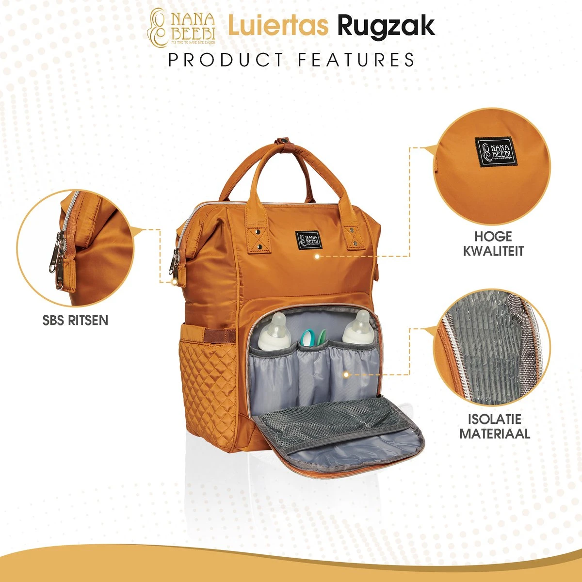 NanaBeebi Luiertas Rugzak met Verschoonmatje - Cognac - Inclusief flessenwarmhouder - kinderwagenhaken en isoleervak NanaBeebi Luiertas Rugzak Met Verschoonmatje - Cognac - Inclusief Flessenwarmhouder - Kinderwagenhaken En Isoleervak -Baby Verzorging 1200x1200 287