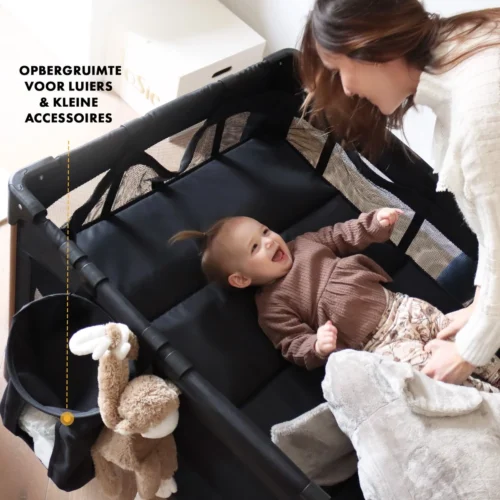 Deryan Luxe Campingbed Compleet - 120x60cm - Bodemverhoger - Verschoonblad - Opbergmand - Zwart -Baby Verzorging 1200x1200 441