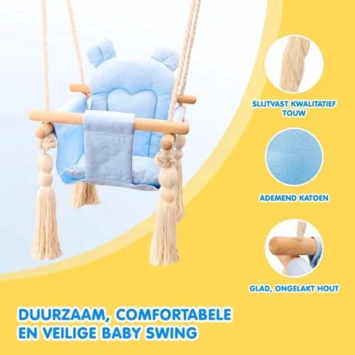 Melvy® - Baby Schommel Peekaboo – Blauw – Baby Swing – Schommelstoel Baby – Baby Schommel Buiten – Baby Schommelstoel – Babyzitje – Stof – Hout – Incl. Zacht Kussen & Bevestigingsmateriaal -Baby Verzorging 1200x1200 968