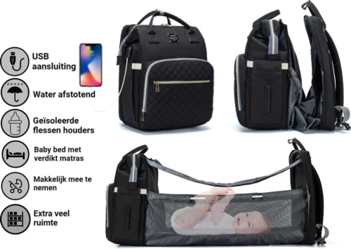 Luiertas - Multifuctioneel Luiertas 3 In 1 - Met Babybedje - Met Verschoningsmatje - Zwart - Met Usb - Met Verdikt Matras