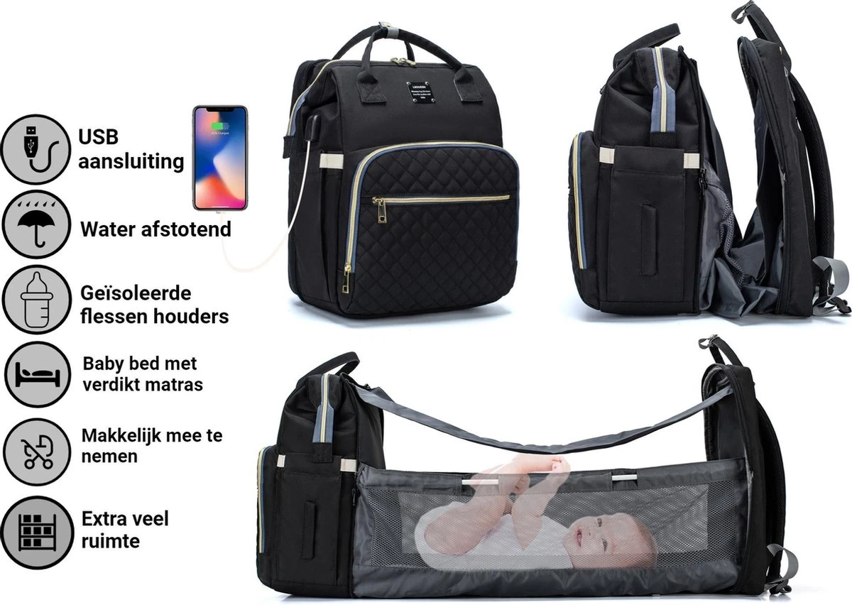 Luiertas - Multifuctioneel luiertas 3 In 1 - Met Babybedje - Met Verschoningsmatje - Zwart - Met Usb - Met Verdikt Matras Luiertas - Multifuctioneel Luiertas 3 In 1 - Met Babybedje - Met Verschoningsmatje - Zwart - Met Usb - Met Verdikt Matras -Baby Verzorging 1200x852 1