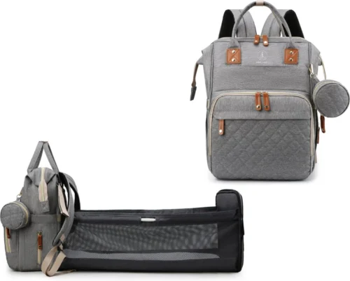 Humpy Dumpy Stijlvolle Luiertas Rugzak (Grijs) Met Uitschuifbaar Verschoon/ Slaap Bedje. Incl. Verschoon Matje, USB Poort & Buggy Straps